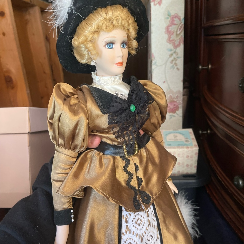 Franklin Mint Porcelain Doll in Gold and Black Victorian Dress
